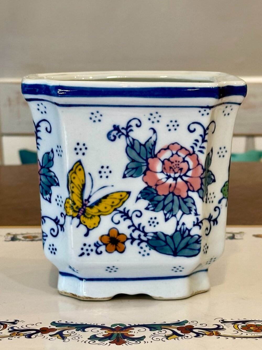 Small Vintage Chinoiserie Floral Ceramic Hand Painted Indoor Planter